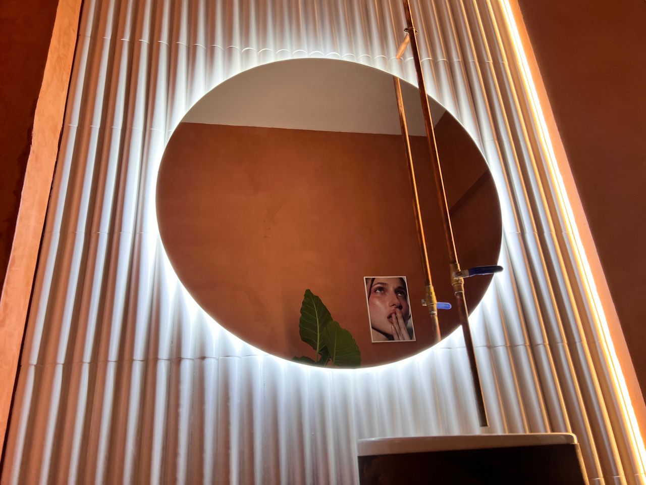 Services-03 A modern circular mirror with LED lights on a paneled wall, reflecting art and foliage.